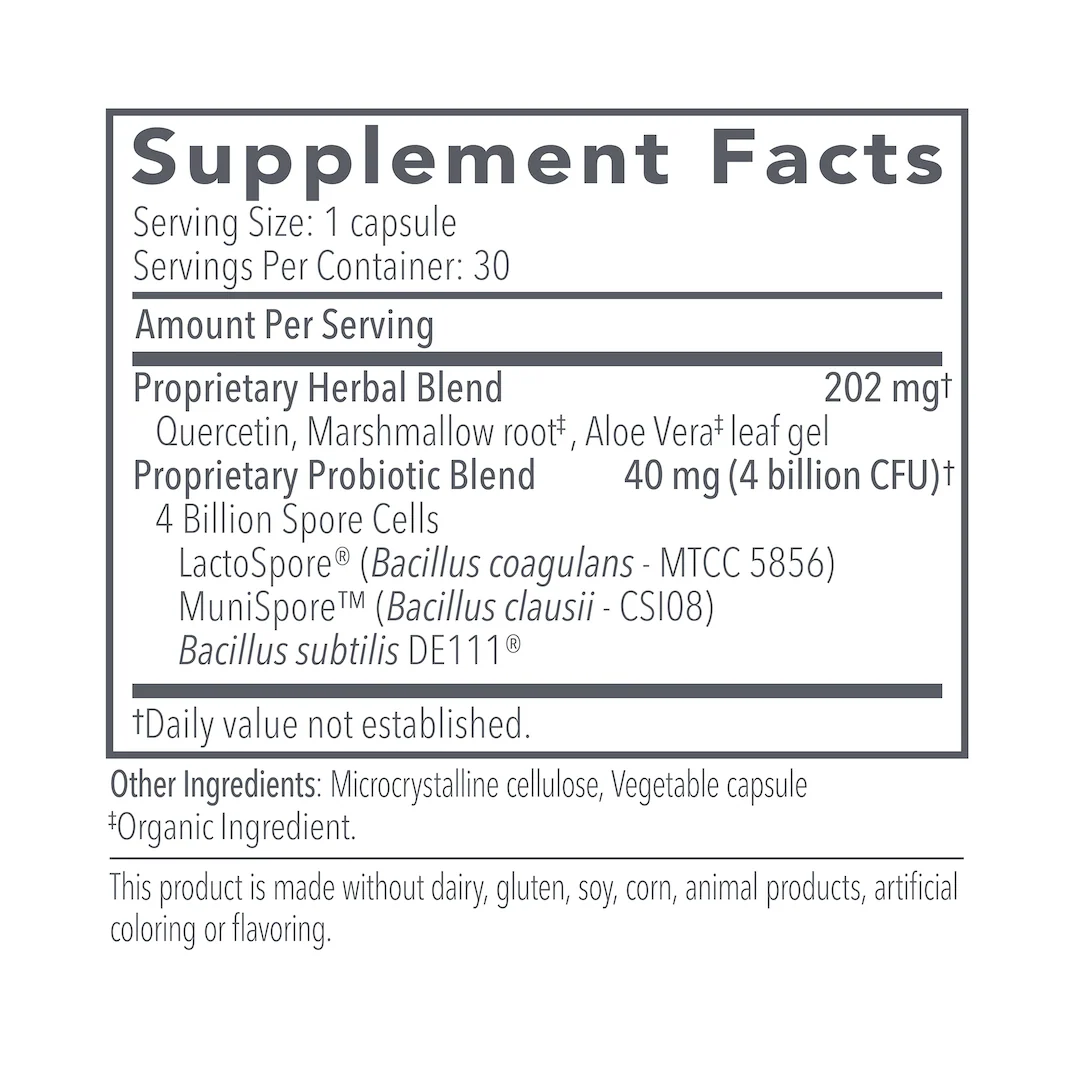 Supplement Facts label showing serving size of 1 capsule and 30 servings per container, containing 202 mg proprietary herbal blend including quercetin, marshmallow root, aloe vera leaf gel, and 40 mg proprietary probiotic blend with 4 billion CFU consisting of 4 billion spore cells including LactoSpore (Bacillus coagulans), MuniSpore (Bacillus clausii), and Bacillus subtilis DE111, plus other ingredients microcrystalline cellulose and vegetable capsule, made without dairy, gluten, soy, corn, animal products, artificial coloring or flavoring.