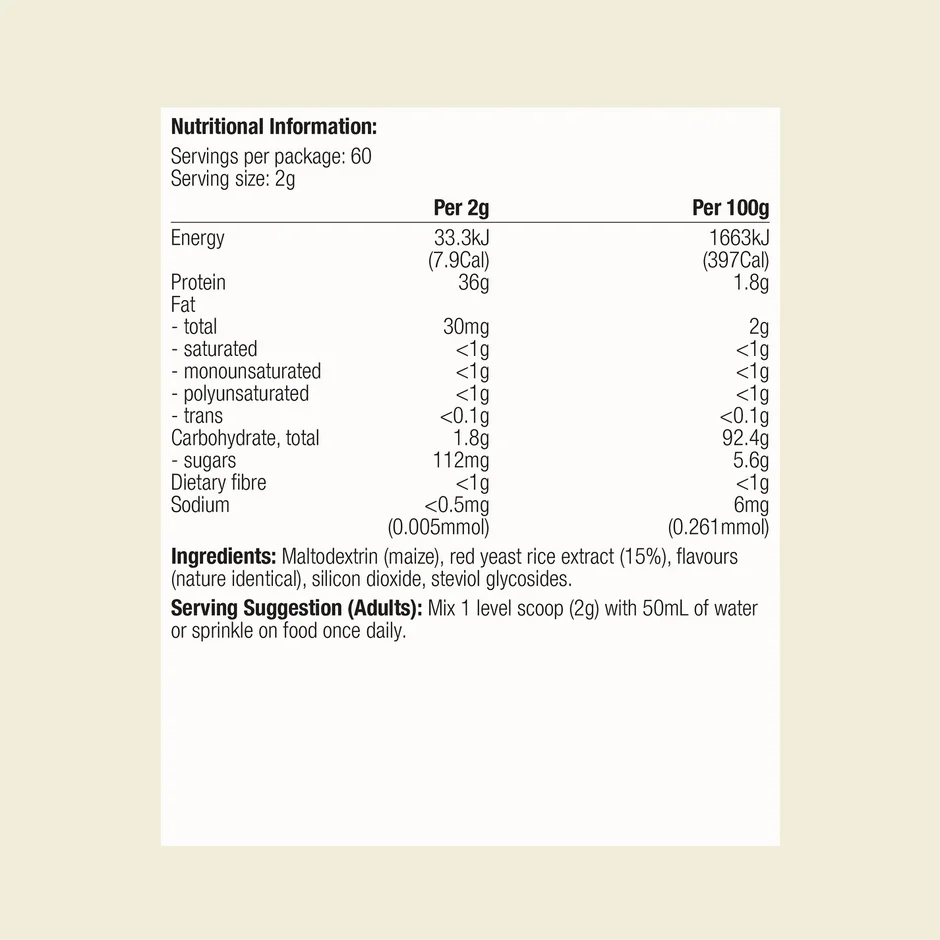 Nutritional information table showing energy, protein, total fat, types of fat, carbohydrates, sugars, dietary fibre, and sodium per 2g and per 100g servings, with ingredients listed as maltodextrin (maize), red yeast rice extract (15%), flavours, silicon dioxide, steviol glycosides, and a serving suggestion instructing adults to mix 1 scoop (2g) with 50mL water or sprinkle on food once daily.