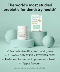 Promotional image for BioGaia Prodentis KIDS probiotic lozenges featuring a bottle and box on pastel green cylindrical platforms with text highlighting benefits such as promoting healthy teeth and gums, reducing plaque, improving oral health, and apple flavor, set against a matching green background with spherical shapes.