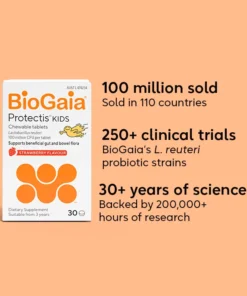 Box of BioGaia Protectis Kids chewable tablets strawberry flavour with text highlighting 100 million sold in 110 countries, 250+ clinical trials with BioGaia's L. reuteri probiotic strains, and over 30 years of science backed by 200,000+ hours of research on an orange background.