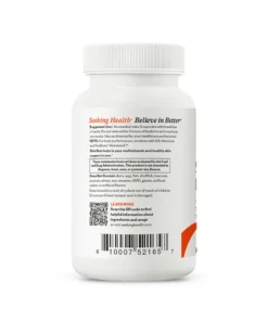 Back of a white supplement bottle with usage instructions, warnings, ingredient exclusions, a QR code, and a barcode on a white background.