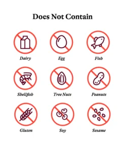 Symbols indicating the product does not contain dairy, egg, fish, shellfish, tree nuts, peanuts, gluten, soy, or sesame, each represented by an icon with a red prohibition circle and slash over it.