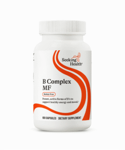 White bottle of Seeking Health B Complex MF dietary supplement with orange wave design and black text on label.