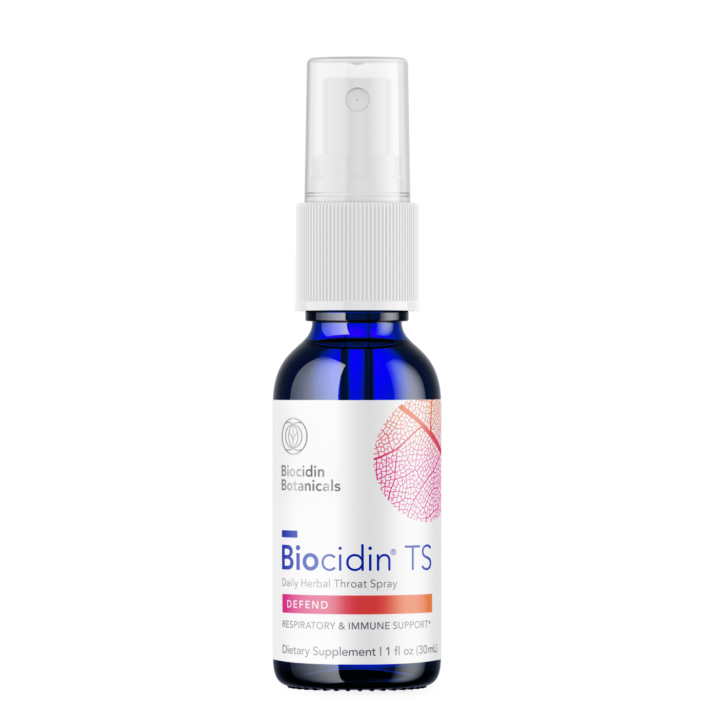 Blue glass bottle with white spray cap labeled Biocidin TS Daily Herbal Throat Spray for respiratory and immune support, 1 fl oz (30 mL)