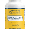White bottle of Researched Nutritionals RenewGut+ dietary supplement with yellow label, containing 120 capsules for GI support, gut lining, and digestive tract health.