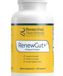 White bottle of Researched Nutritionals RenewGut+ dietary supplement with yellow label, containing 120 capsules for GI support, gut lining, and digestive tract health.