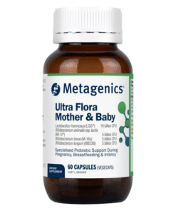 Brown plastic bottle with white label of Metagenics Ultra Flora Mother & Baby dietary supplement containing 60 capsules for probiotic support during pregnancy, breastfeeding, and infancy