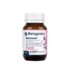 Brown bottle of Metagenics Estrovera dietary supplement containing 90 enteric-coated tablets for menopause symptom relief, featuring a white label with pink and blue accents and a white cap