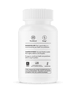 Back of a white supplement bottle with a child-resistant cap, showing text instructions for suggested use, tamper evidence, warnings, and certification logos including NSF Certified Sport and gluten free.