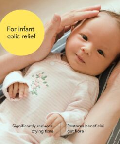 Newborn baby lying down wearing a pink striped onesie with floral embroidery, gently cradled by adult hands, accompanied by text highlighting infant colic relief benefits such as significantly reducing crying time and restoring beneficial gut flora.