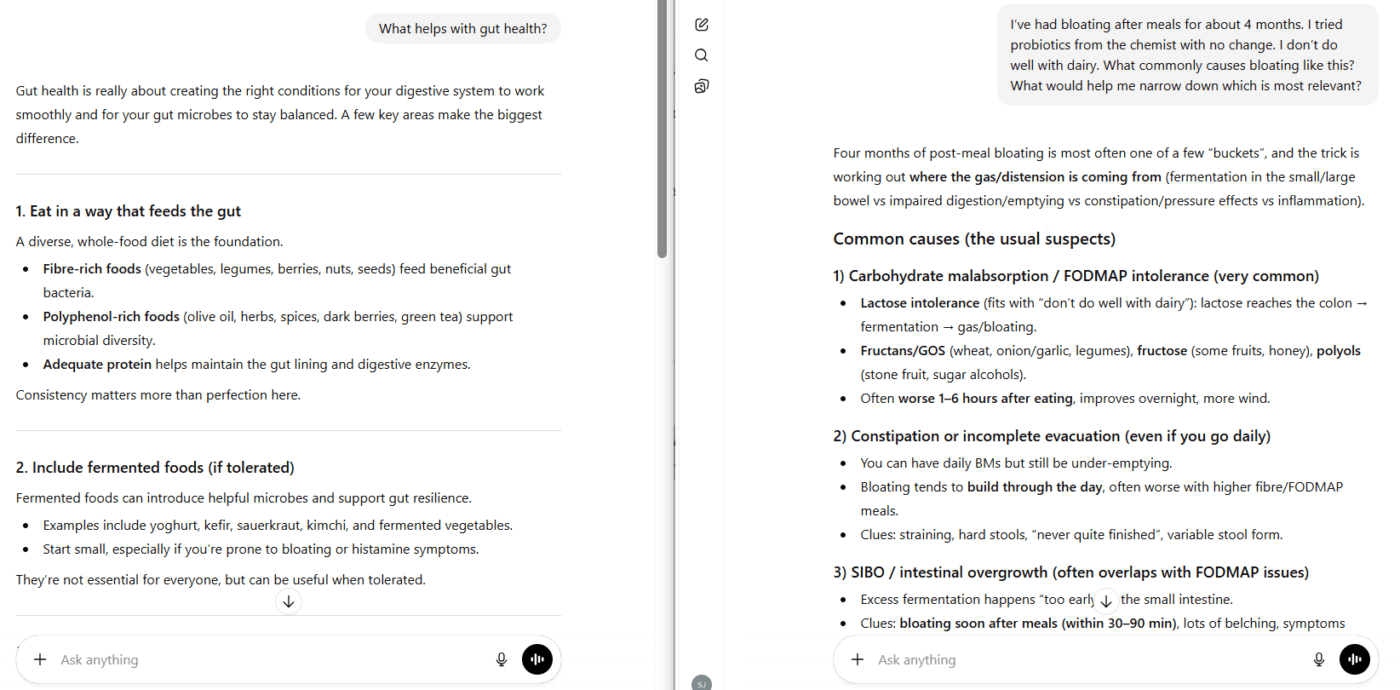 Two side-by-side chat screens discussing gut health, including diet tips, fermented foods, and causes of post-meal bloating like carbohydrate malabsorption, constipation, and SIBO.