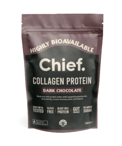 package of Chief collagen protein powder in dark chocolate flavor, labeled highly bioavailable, heavy metal tested, gluten free, bloat free protein, gut friendly, no added sugar, 450 grams net, made in Australia