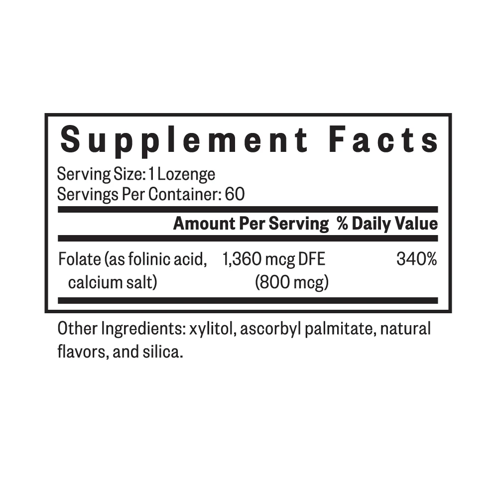 Supplement facts with serving size 1 lozenge, 60 servings per container, 1360 mcg DFE folate (340% daily value), plus other ingredients like xylitol and natural flavors.
