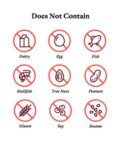 Icons indicating the product does not contain dairy, egg, fish, shellfish, tree nuts, peanuts, gluten, soy, or sesame, each crossed out in a red circle.