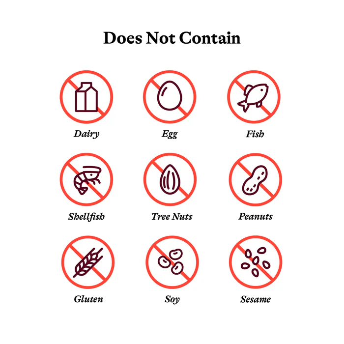 Icons indicating the product does not contain dairy, egg, fish, shellfish, tree nuts, peanuts, gluten, soy, or sesame, each crossed out in a red circle.