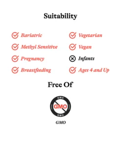 Suitability includes bariatric, methyl sensitive, pregnancy, breastfeeding, vegetarian, vegan, ages 4 and up; not suitable for infants; free of GMO.