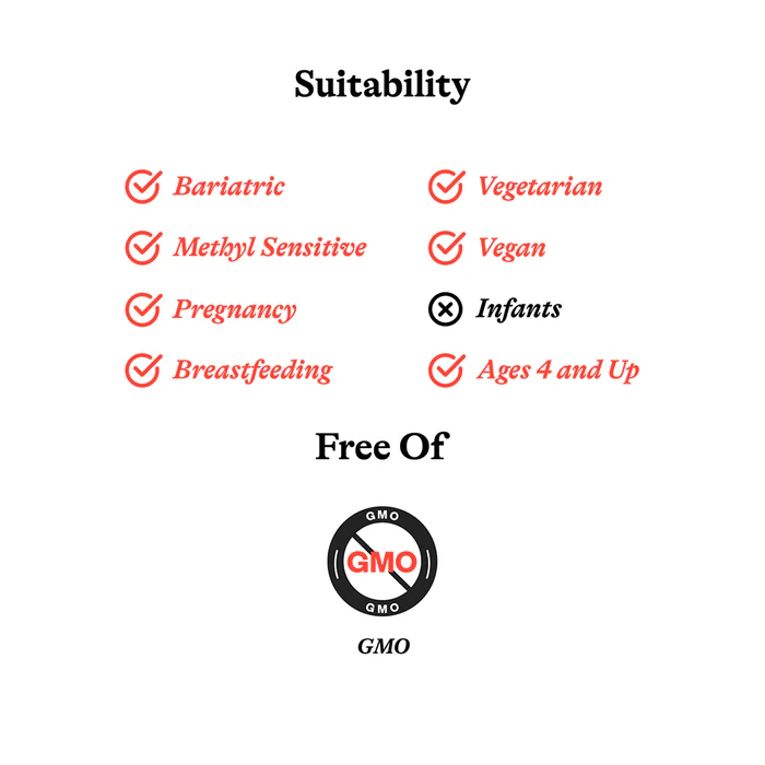 Suitability includes bariatric, methyl sensitive, pregnancy, breastfeeding, vegetarian, vegan, ages 4 and up; not suitable for infants; free of GMO.