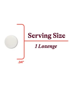 White circular lozenge with serving size labeled as 1 lozenge and a diameter of 0.34 inches.
