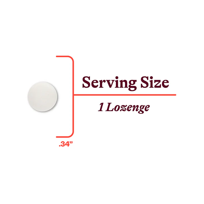 White circular lozenge with serving size labeled as 1 lozenge and a diameter of 0.34 inches.