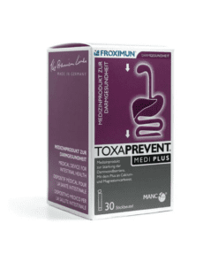 Box of Froximun Toxaprevent Medi Plus, a medical device for intestinal health with 30 stick packets, featuring a purple and gray design and an illustration of the digestive system.