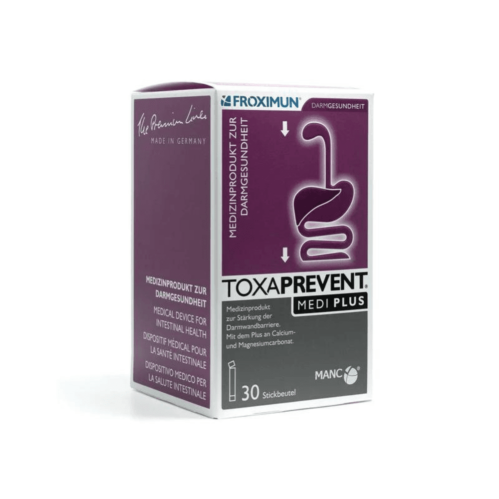 Box of Froximun Toxaprevent Medi Plus, a medical device for intestinal health with 30 stick packets, featuring a purple and gray design and an illustration of the digestive system.