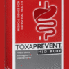 Box of Froximun Toxaprevent Medi Pure capsules, a medical device for intestinal health, containing 180 capsules, with a red and gray design and an illustration of a stomach and intestines.