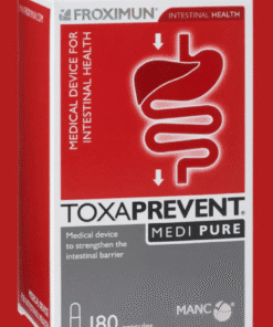 Box of Froximun Toxaprevent Medi Pure capsules, a medical device for intestinal health, containing 180 capsules, with a red and gray design and an illustration of a stomach and intestines.