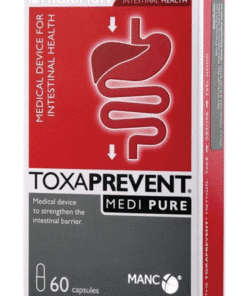 Box of Toxaprevent Medi Pure capsules, a medical device to strengthen the intestinal barrier, with red and gray packaging showing a stylized digestive system graphic