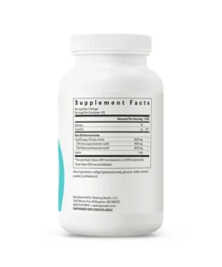 White supplement bottle showing supplement facts label with serving size of 1 softgel, 60 servings per container, listing fish oil concentrate and other ingredients