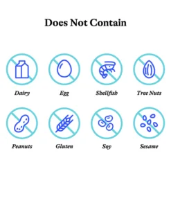 Icons indicating the absence of common allergens and dietary ingredients: dairy, egg, shellfish, tree nuts, peanuts, gluten, soy, and sesame, each crossed out with a blue circle, under the heading