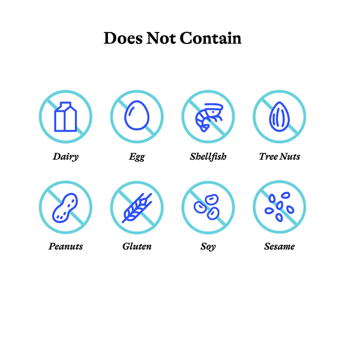 Icons indicating the absence of common allergens and dietary ingredients: dairy, egg, shellfish, tree nuts, peanuts, gluten, soy, and sesame, each crossed out with a blue circle, under the heading "Does Not Contain."