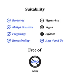 Suitability chart showing check marks for Bariatric, Methyl Sensitive, Pregnancy, Breastfeeding, and Ages 4 and Up in blue, and cross marks for Vegetarian, Vegan, and Infants in black, with a section labeled Free of GMO indicating no genetically modified organisms.