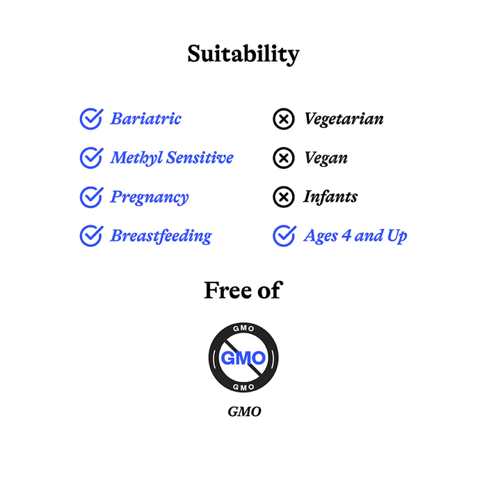 Suitability chart showing check marks for Bariatric, Methyl Sensitive, Pregnancy, Breastfeeding, and Ages 4 and Up in blue, and cross marks for Vegetarian, Vegan, and Infants in black, with a section labeled Free of GMO indicating no genetically modified organisms.
