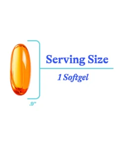 A single orange softgel capsule with a label indicating serving size as 1 softgel and size approximately 0.9 inches.