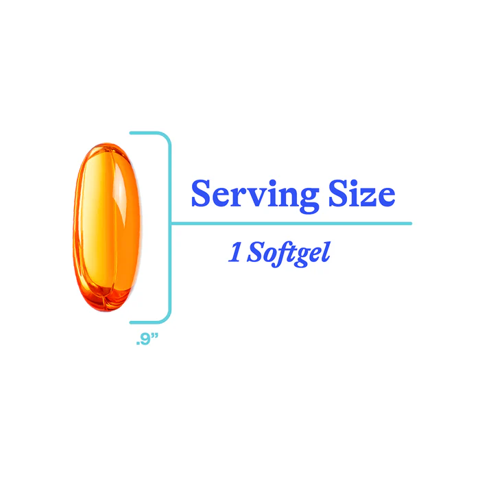 A single orange softgel capsule with a label indicating serving size as 1 softgel and size approximately 0.9 inches.