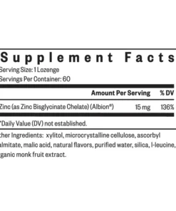 Supplement facts label showing serving size of 1 lozenge and 60 servings per container, with 15 mg of zinc bisglycinate chelate providing 136% daily value; other ingredients include xylitol, microcrystalline cellulose, ascorbyl palmitate, malic acid, natural flavors, purified water, silica, l-leucine, and organic monk fruit extract.