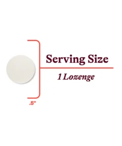 A white lozenge with a red bracket and line indicating its serving size as 1 lozenge, measuring 0.5 inches in diameter, alongside the text 'Serving Size 1 Lozenge' in dark red.