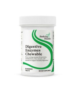 White bottle of Seeking Health Digestive Enzymes Chewable tablets with green curved design and text describing it as a dietary supplement with 60 chewable tablets