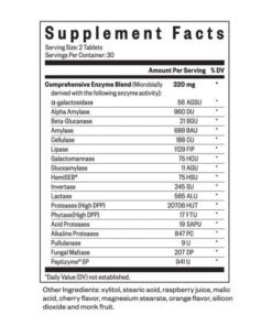 Supplement facts label listing a comprehensive enzyme blend with amounts per serving for various enzymes such as alpha-galactosidase, amylase, cellulase, lipase, lactase, proteases, and others, serving size 2 tablets, 30 servings per container, including additional ingredients like xylitol, stearic acid, raspberry juice, malic acid, cherry flavor, magnesium stearate, orange flavor, silicon dioxide, and monk fruit.