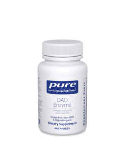White bottle of Pure Encapsulations DAO Enzyme dietary supplement containing 60 capsules, labeled gluten-free, non-GMO, and hypoallergenic