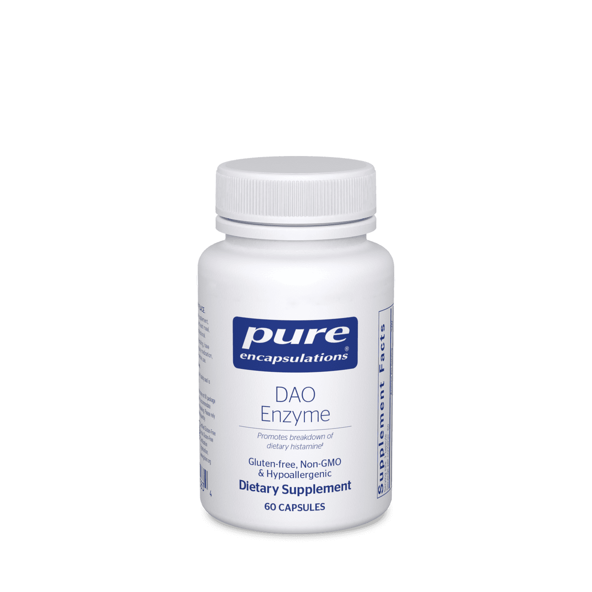 White bottle of Pure Encapsulations DAO Enzyme dietary supplement containing 60 capsules, labeled gluten-free, non-GMO, and hypoallergenic