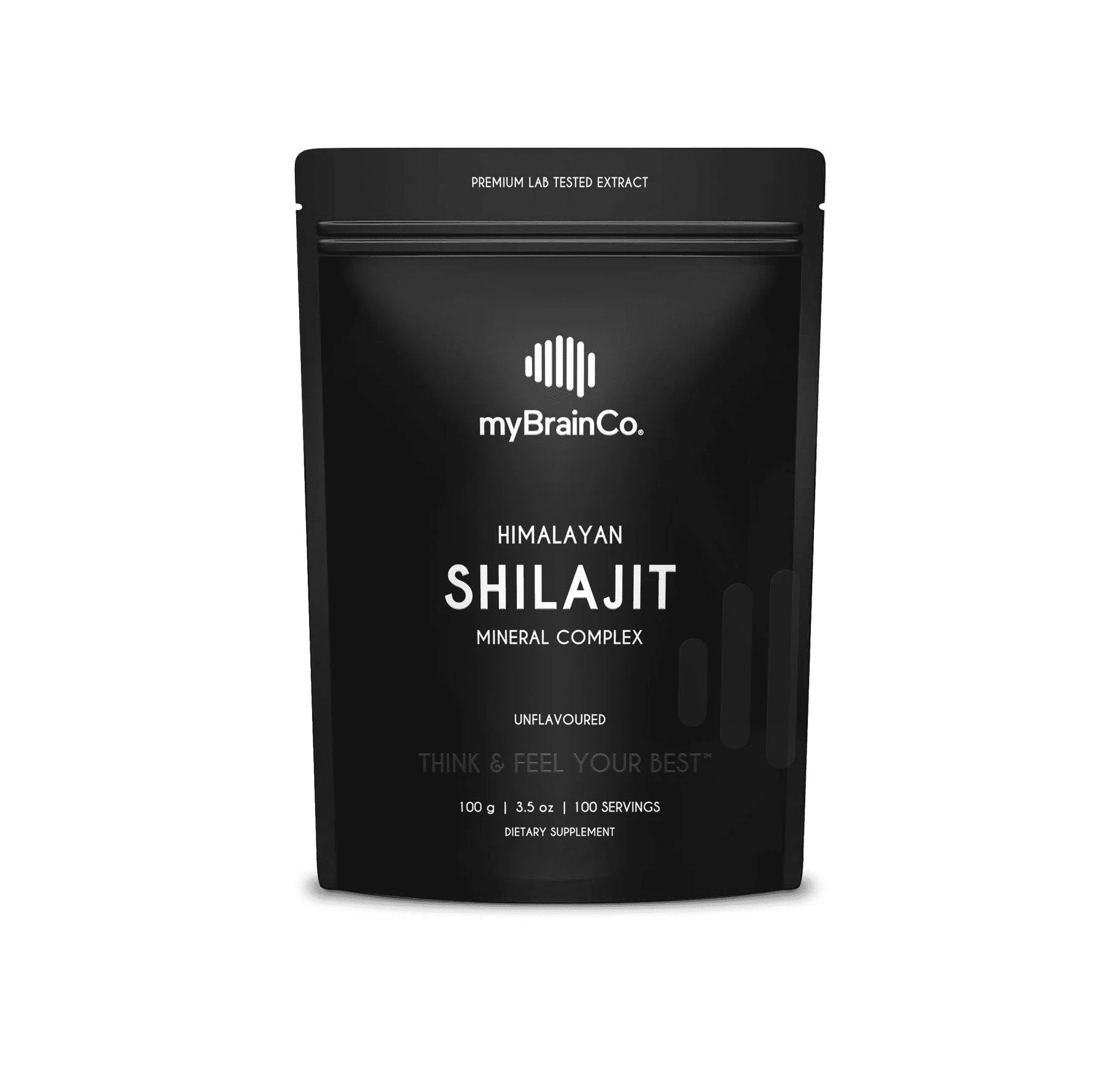 Black resealable pouch of myBrainCo Himalayan Shilajit mineral complex dietary supplement, unflavored, 100 grams, with text indicating premium lab tested extract and 100 servings.