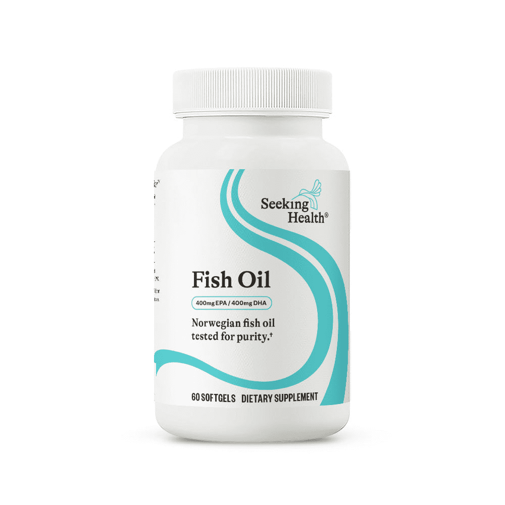 White bottle of Seeking Health Fish Oil dietary supplement with 60 softgels, labeled 400mg EPA and 400mg DHA Norwegian fish oil tested for purity, featuring blue curved design on the label
