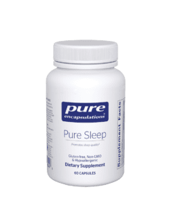 Bottle of Pure Encapsulations Pure Sleep dietary supplement with 60 gluten-free, non-GMO, hypoallergenic capsules.