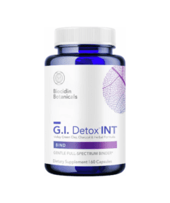 Blue bottle of Biocidin Botanicals G.I. Detox INT dietary supplement with 160 capsules and a white label featuring a purple leaf design
