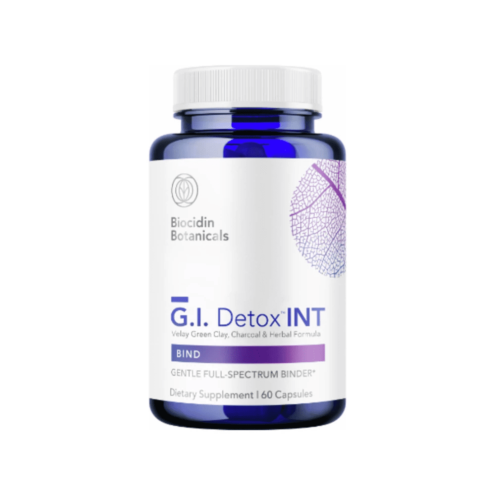 Blue bottle of Biocidin Botanicals G.I. Detox INT dietary supplement with 160 capsules and a white label featuring a purple leaf design