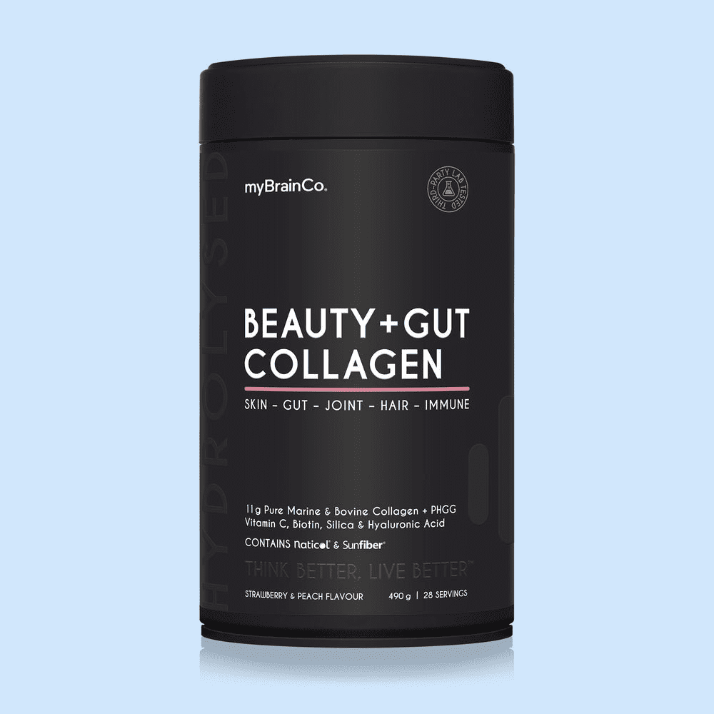 Black cylindrical container of myBrainCo Beauty+Gut Collagen powder with strawberry and peach flavor, displaying key ingredients and benefits.