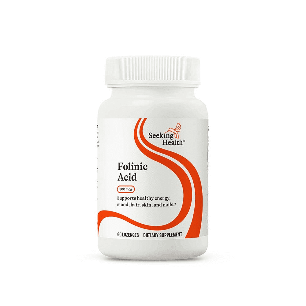 Seeking Health Folinic Acid 800 mcg dietary supplement bottle with 60 lozenges for energy, mood, hair, skin, and nails.