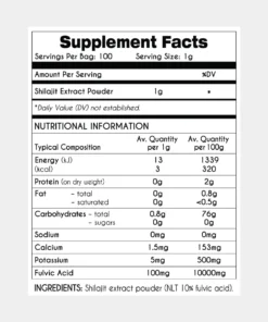 Supplement facts label showing serving size of 1 gram and 100 servings per bag, listing shilajit extract powder 1g per serving with daily value not established, and nutritional information including energy, protein, fat, carbohydrates, sodium, calcium, potassium, and fulvic acid quantities per 1g and per 100g, with ingredients stating shilajit extract powder containing at least 10% fulvic acid.