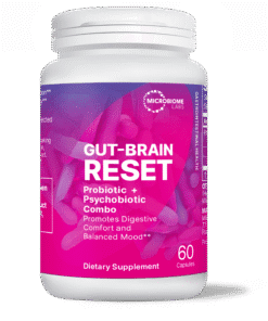 Bottle of Gut-Brain Reset dietary supplement by Microbiome Labs with probiotic and psychobiotic combo, 60 capsules.